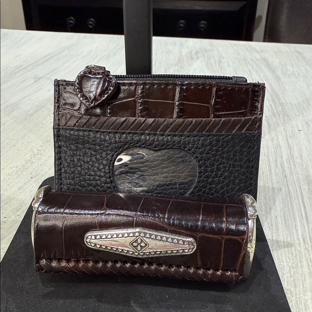 Brighton Crocodile Black and Brown Leather Card Holder Lipstick Case Set